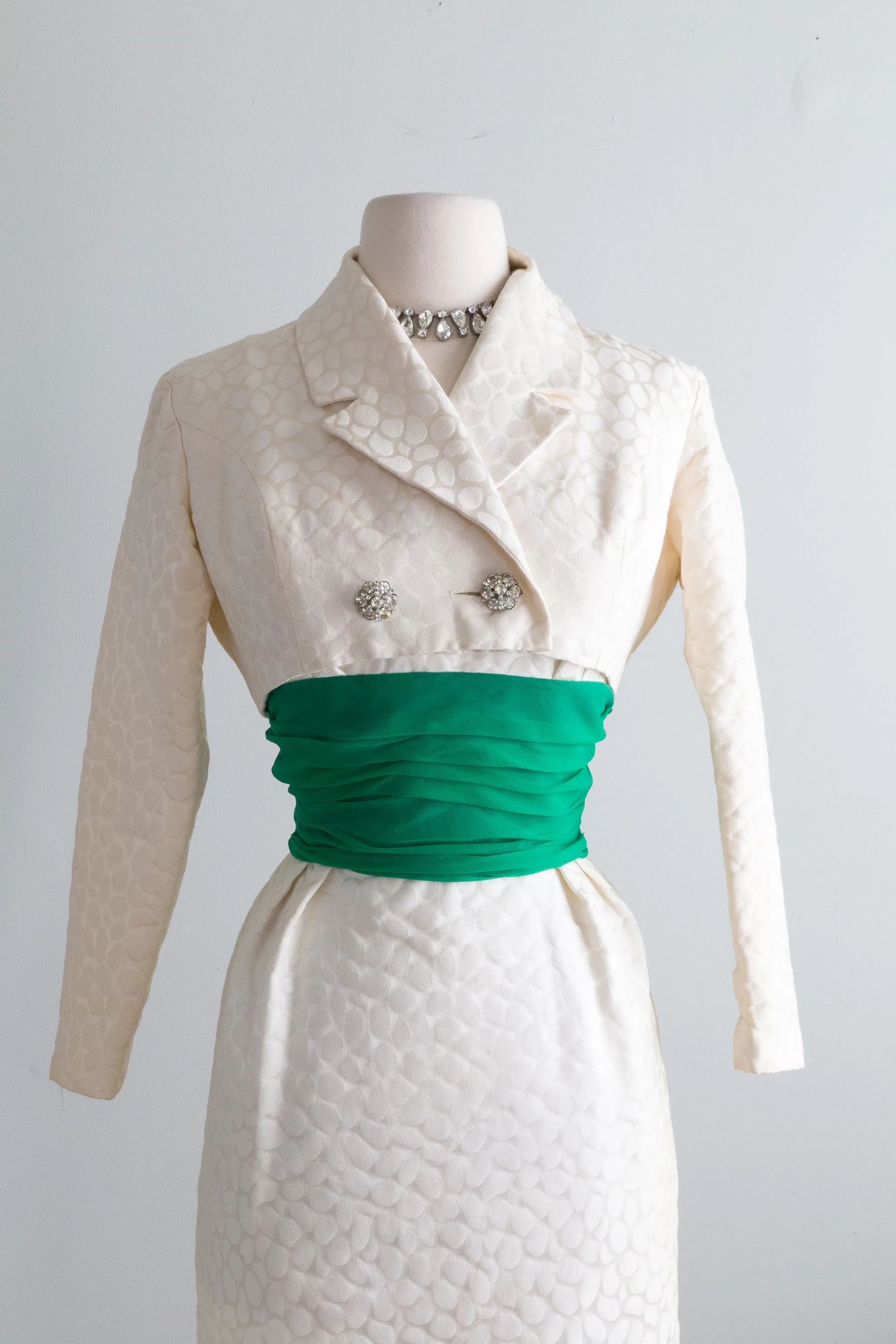 1950's Glamour Ivory Brocade Dress & Matching Jacket / XS