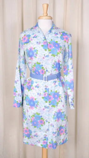 1960s Blue Floral Vintage Shirt Dress