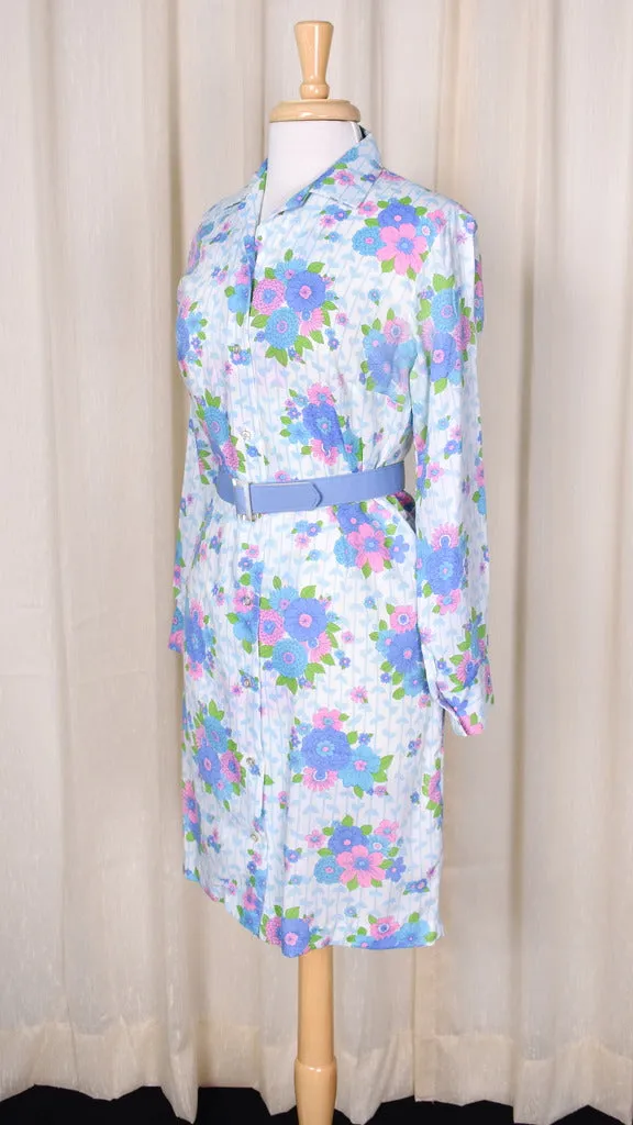 1960s Blue Floral Vintage Shirt Dress