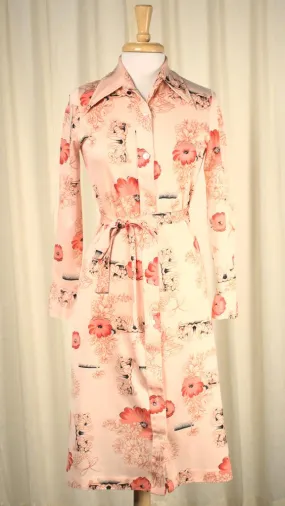 1970s Orange Floral Shirt Dress