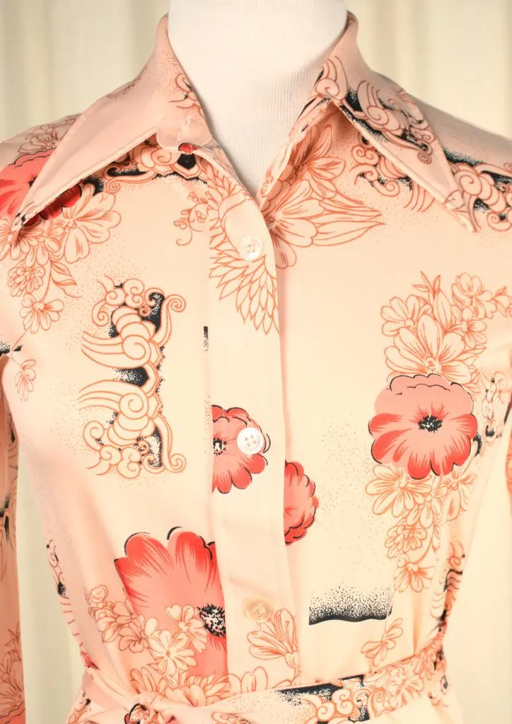 1970s Orange Floral Shirt Dress
