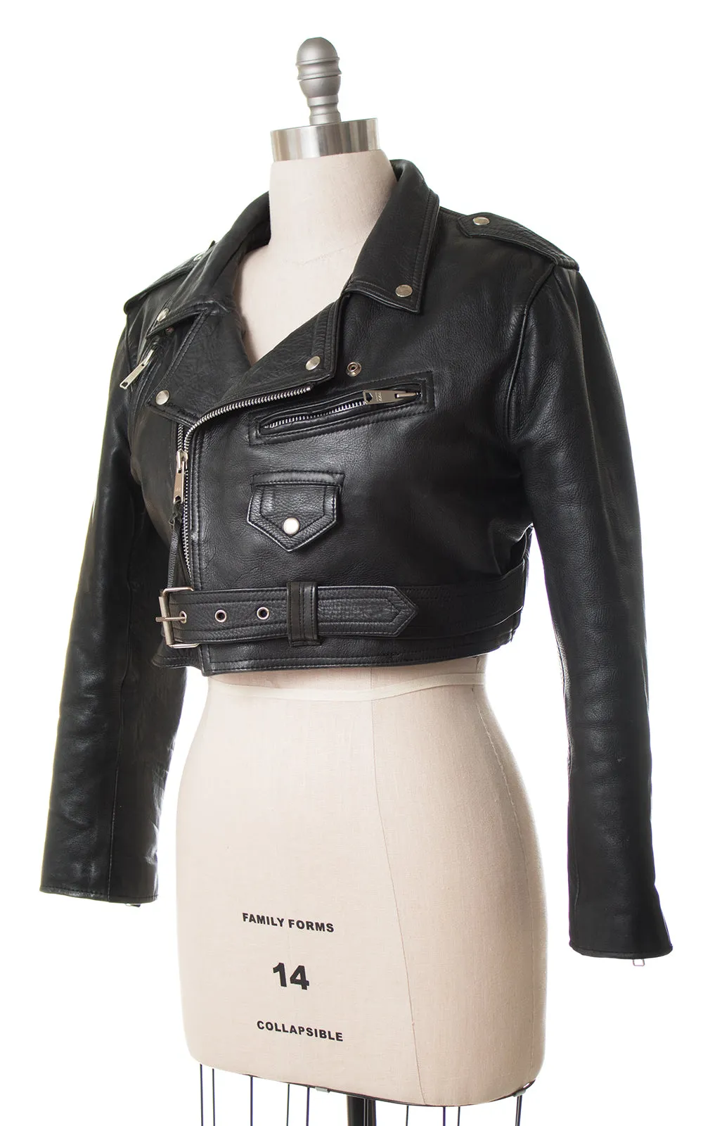 1980s 1990s Cropped Thick Black Leather Motorcycle Jacket | medium