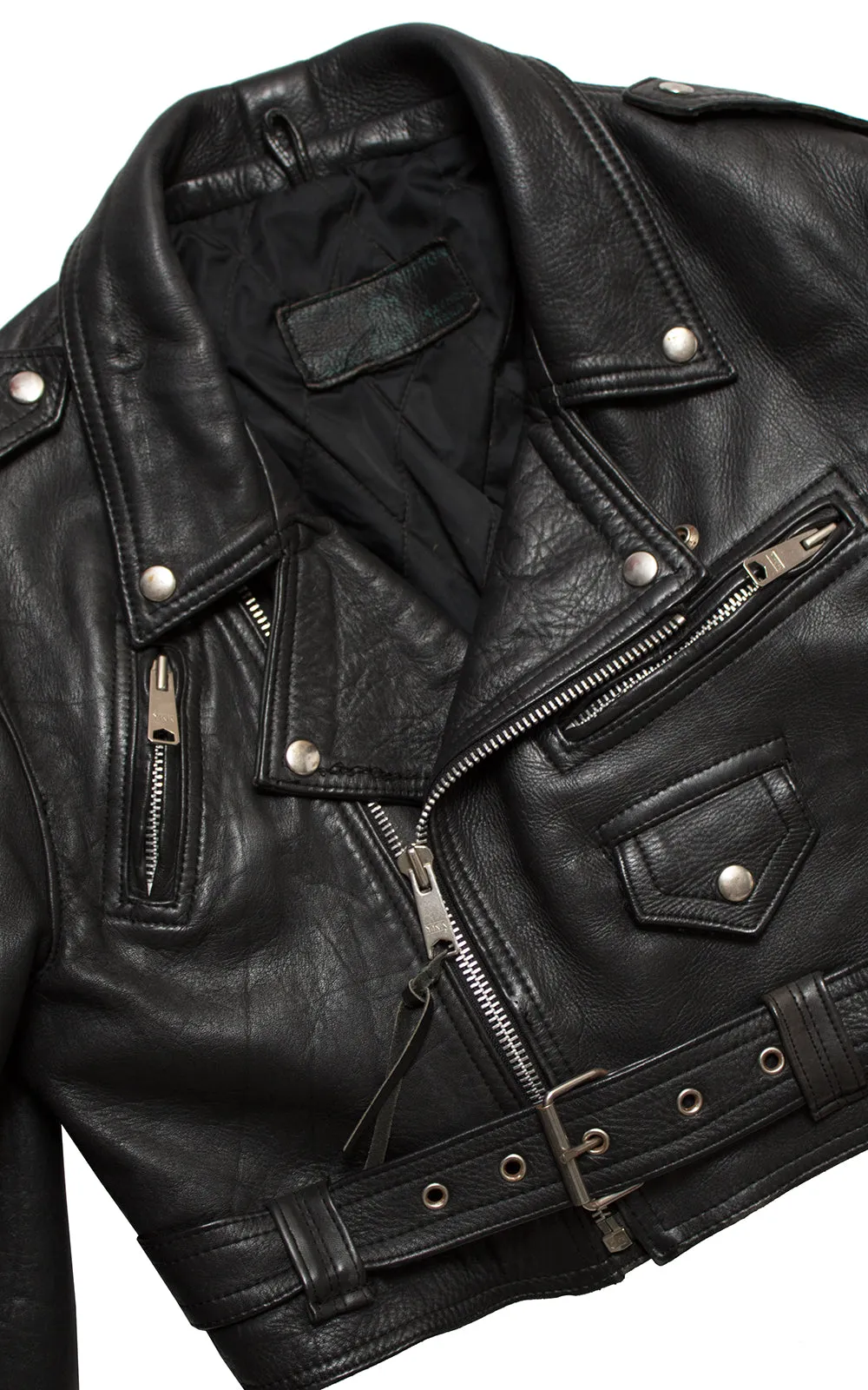 1980s 1990s Cropped Thick Black Leather Motorcycle Jacket | medium