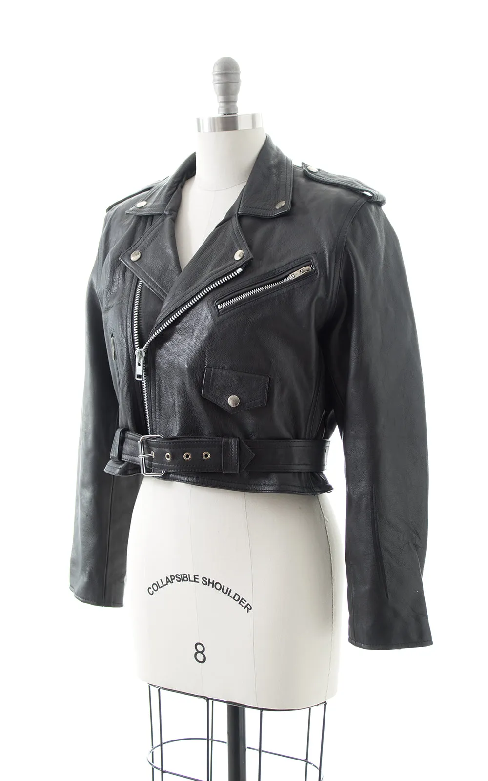 1990s Black Leather Cropped Moto Jacket | large