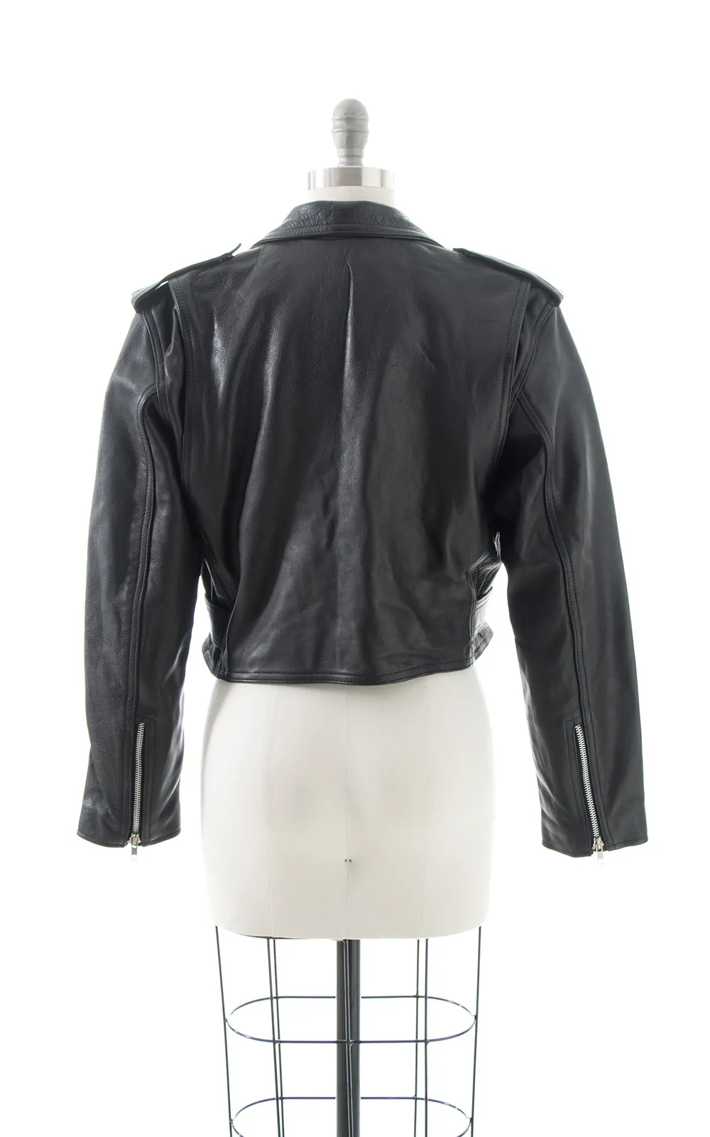 1990s Black Leather Cropped Moto Jacket | large