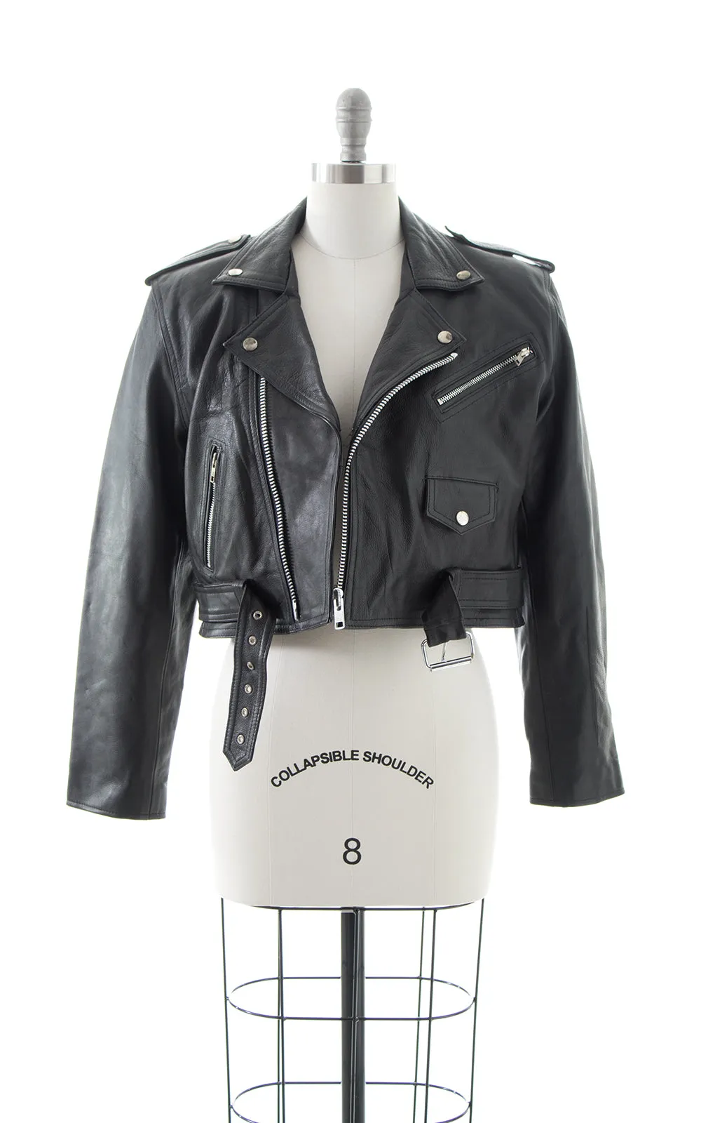 1990s Black Leather Cropped Moto Jacket | large