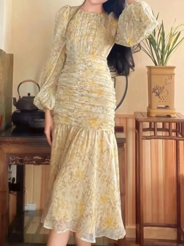 2024 Elegant Floral Print Lace Long Sleeve Floral Dress
