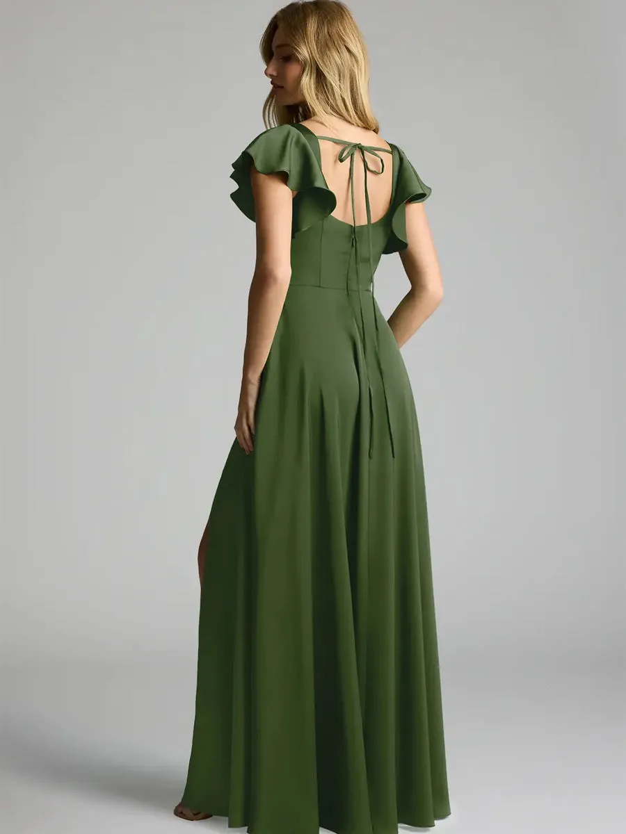2025 Juniper Green Stretch Satin A-Line Bridesmaid Dress with Leg Slit