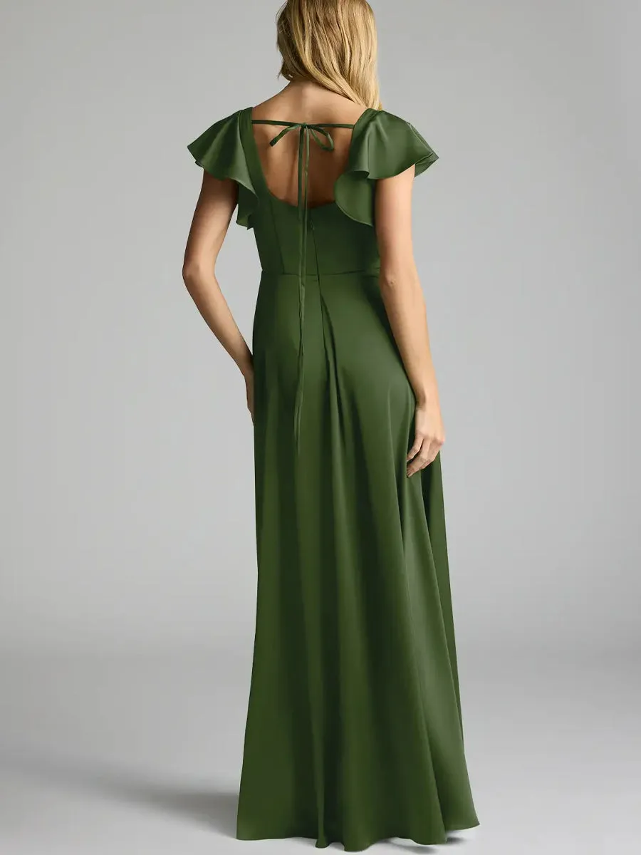 2025 Juniper Green Stretch Satin A-Line Bridesmaid Dress with Leg Slit