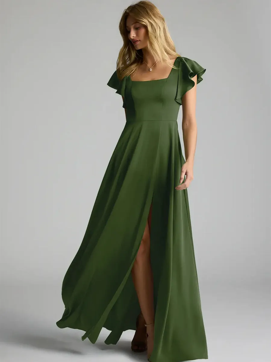 2025 Juniper Green Stretch Satin A-Line Bridesmaid Dress with Leg Slit