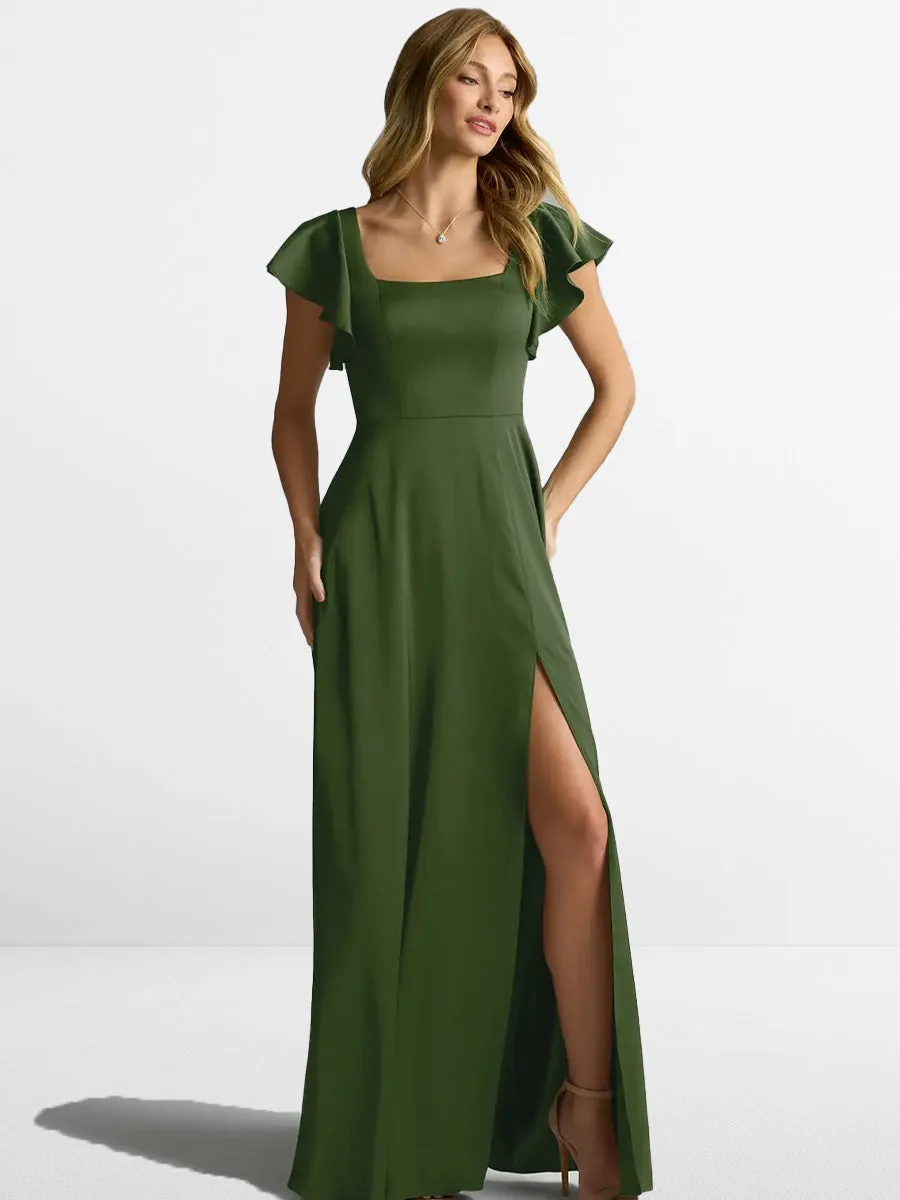 2025 Juniper Green Stretch Satin A-Line Bridesmaid Dress with Leg Slit