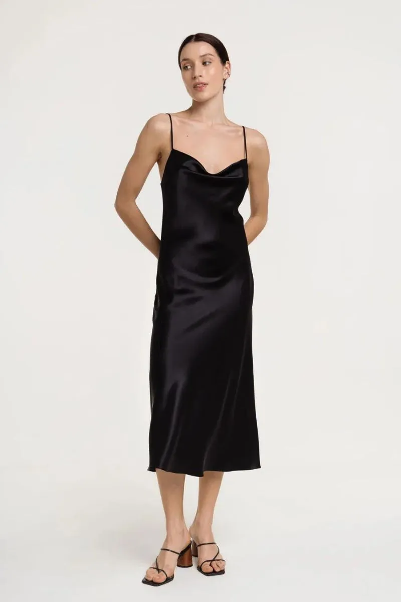 ALYSHA BLACK COWL NECK SILK SATIN MIDI DRESS