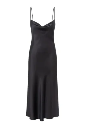 ALYSHA BLACK COWL NECK SILK SATIN MIDI DRESS