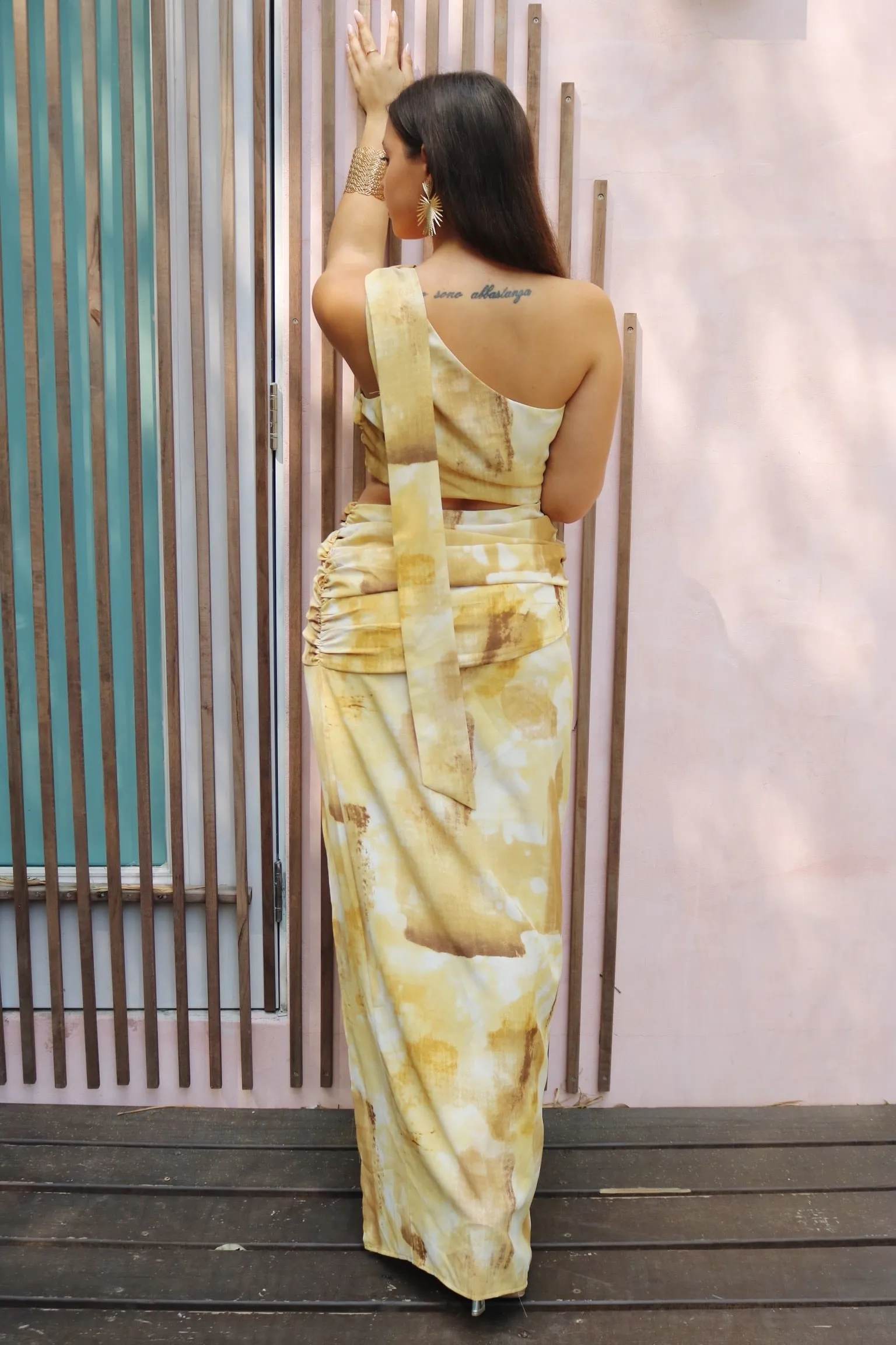 'Anastasia' One Shoulder Cut Out Drape Dress in Gold Print