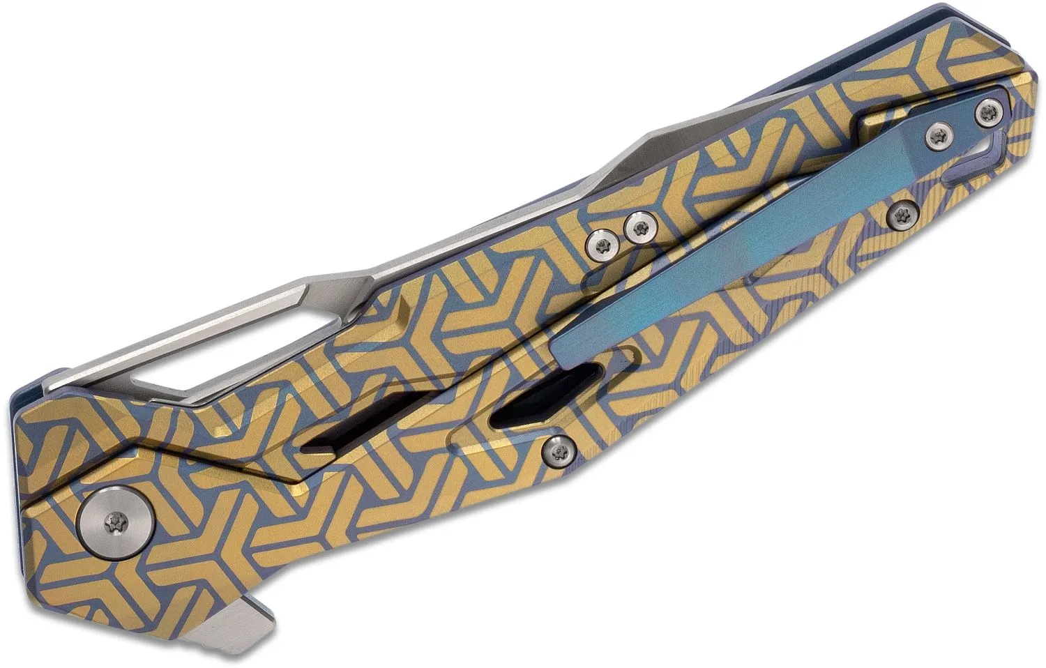 ArtisanCutlery Bombardier Flipper Knife 3.9" S35VN Satin Modified Tanto Blade, Gold and Blue Anodized Titanium Handles - 1812G-BU02