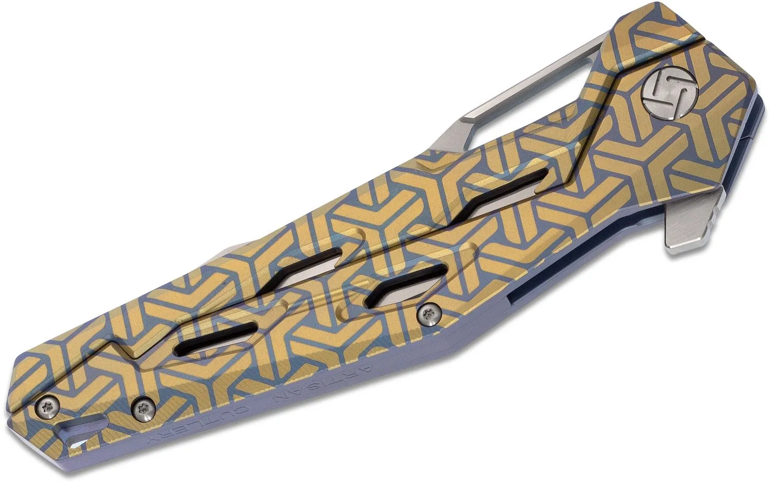 ArtisanCutlery Bombardier Flipper Knife 3.9" S35VN Satin Modified Tanto Blade, Gold and Blue Anodized Titanium Handles - 1812G-BU02