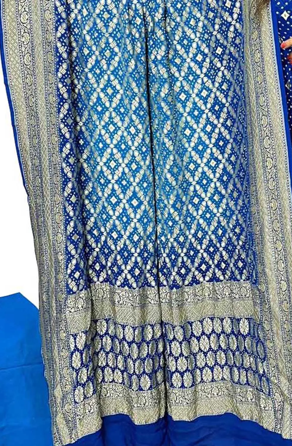 Blue Banarasi Bandhani Pure Georgette Three Piece Unstitched Suit Set