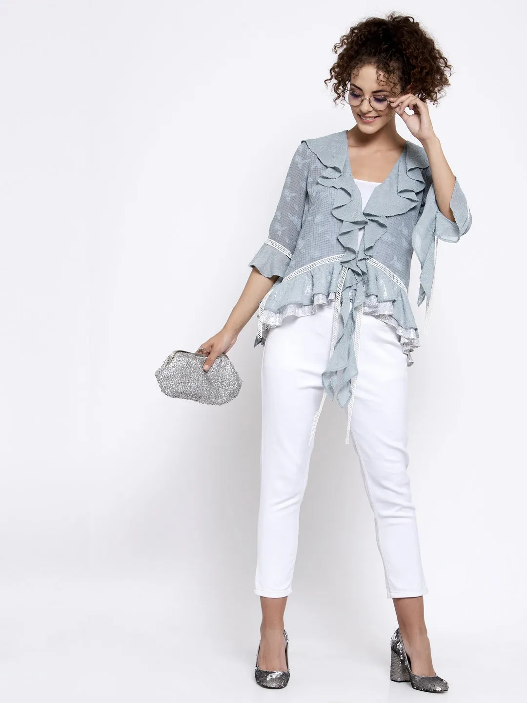 Blue Texture Georgette Frill Shrug With Lace