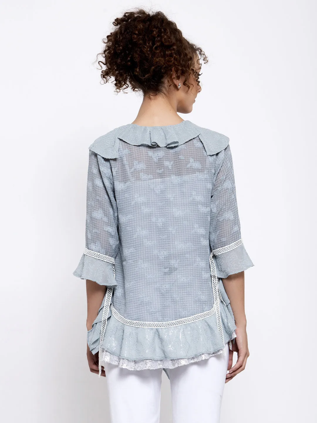 Blue Texture Georgette Frill Shrug With Lace