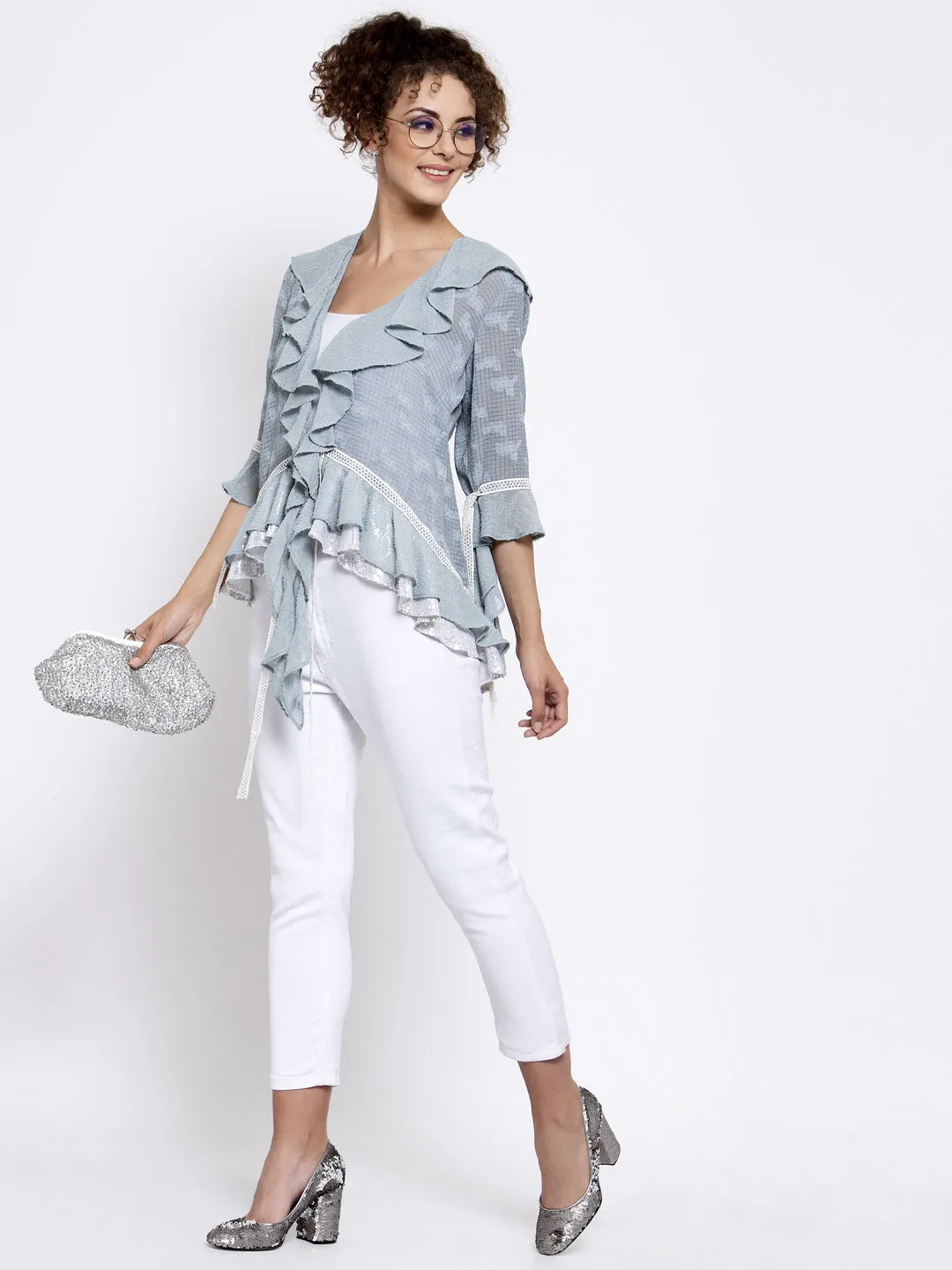 Blue Texture Georgette Frill Shrug With Lace