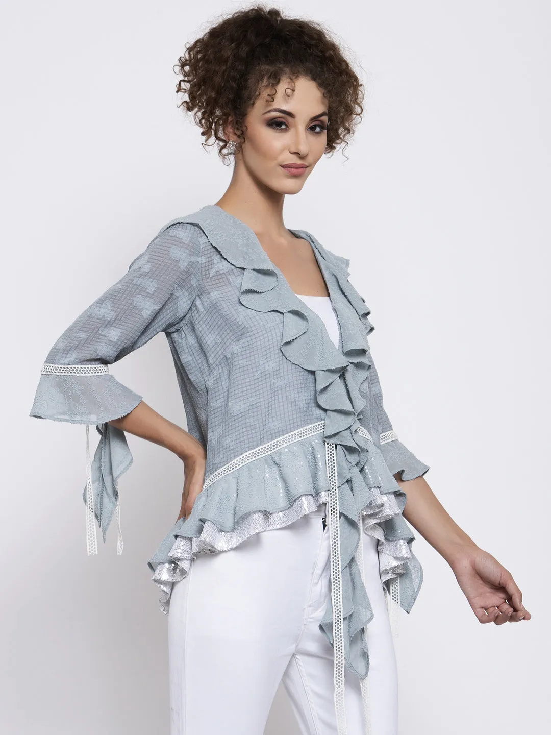 Blue Texture Georgette Frill Shrug With Lace