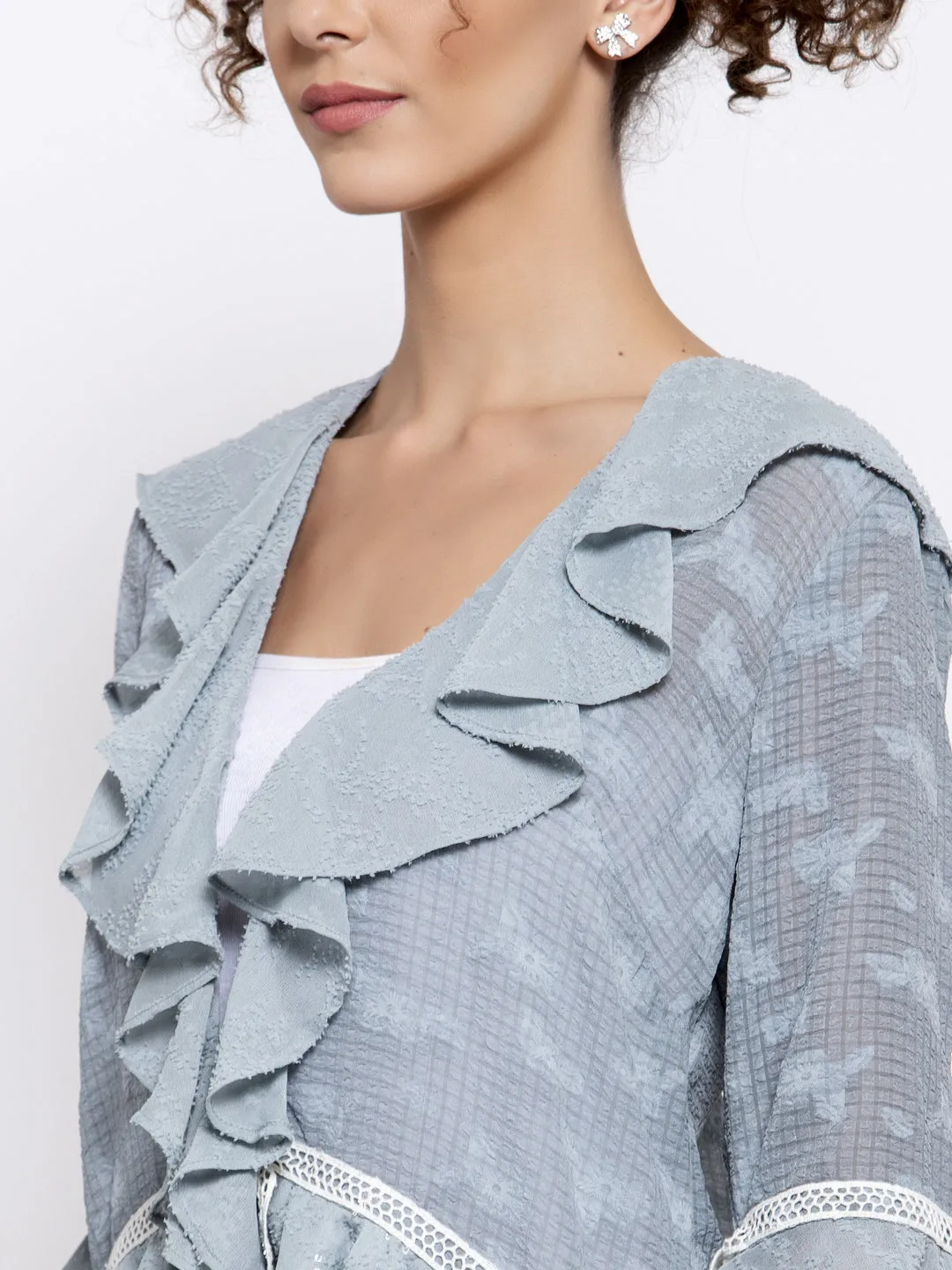 Blue Texture Georgette Frill Shrug With Lace