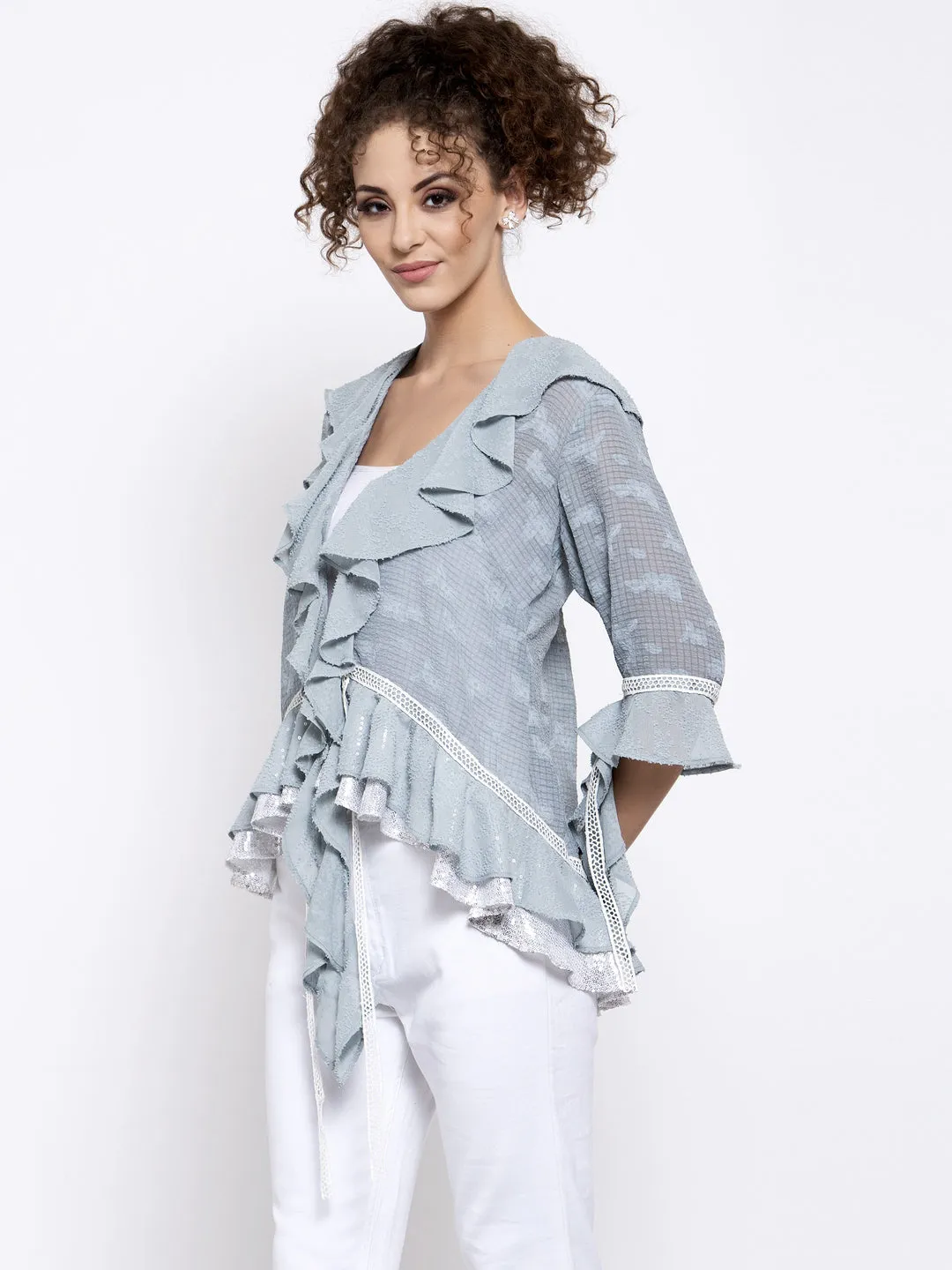 Blue Texture Georgette Frill Shrug With Lace