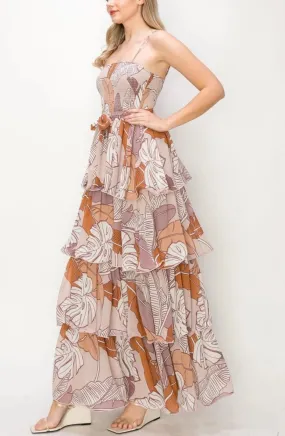 Boho Leaf Print Tiered Maxi Dress