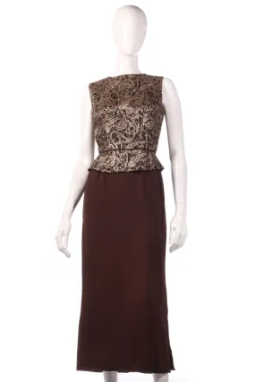 Brown hand made vintage dress with gold patterned peplum size 8/10