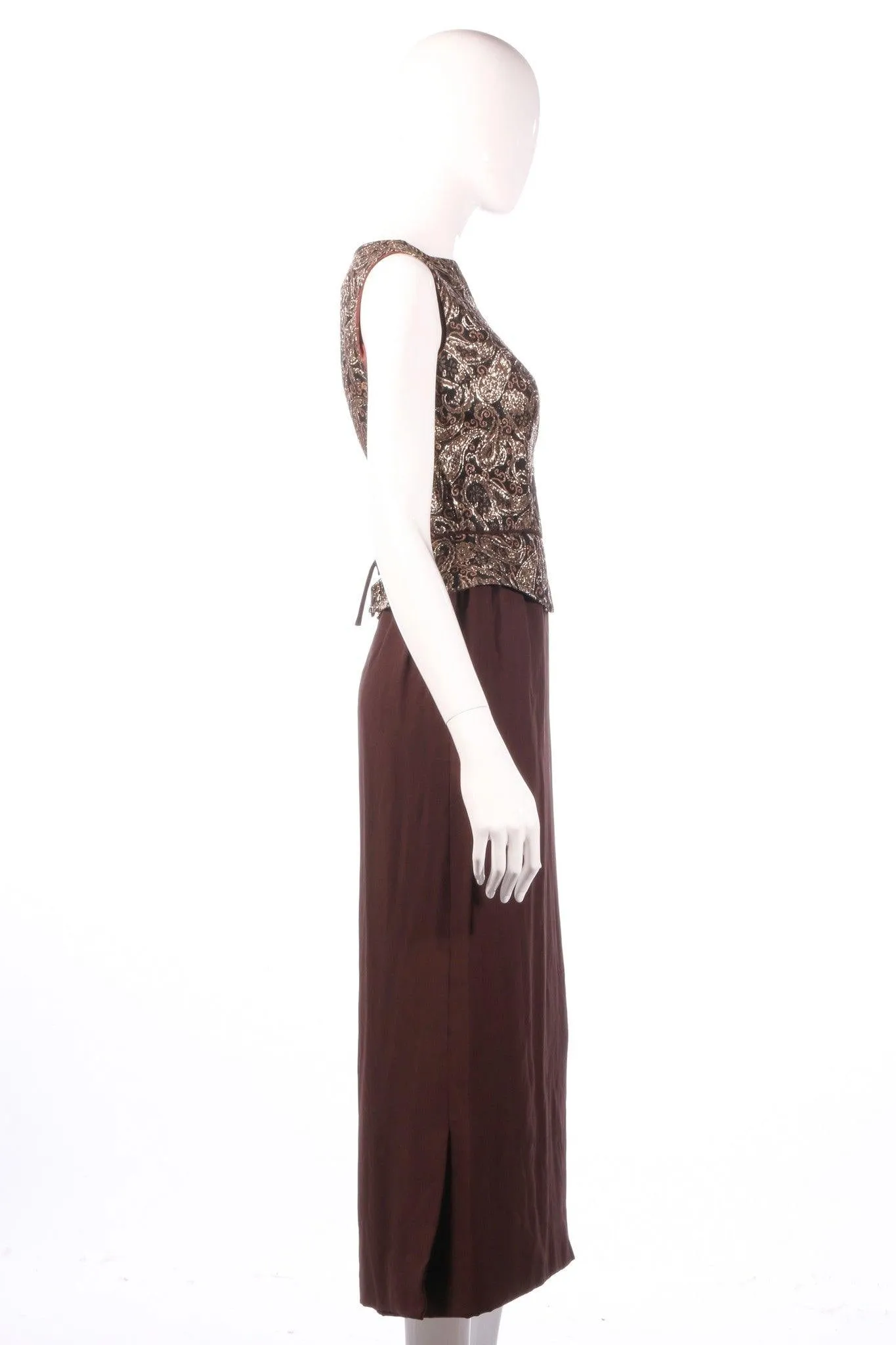 Brown hand made vintage dress with gold patterned peplum size 8/10