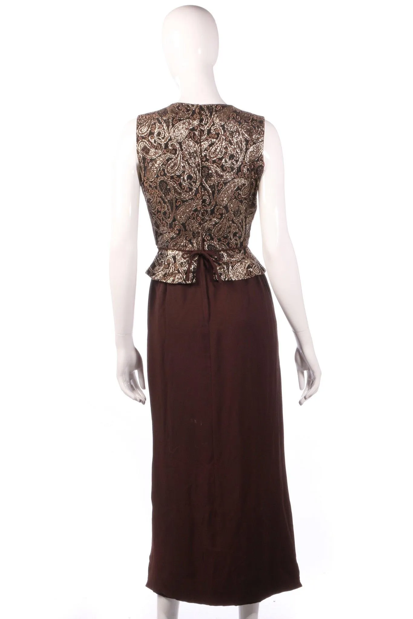 Brown hand made vintage dress with gold patterned peplum size 8/10