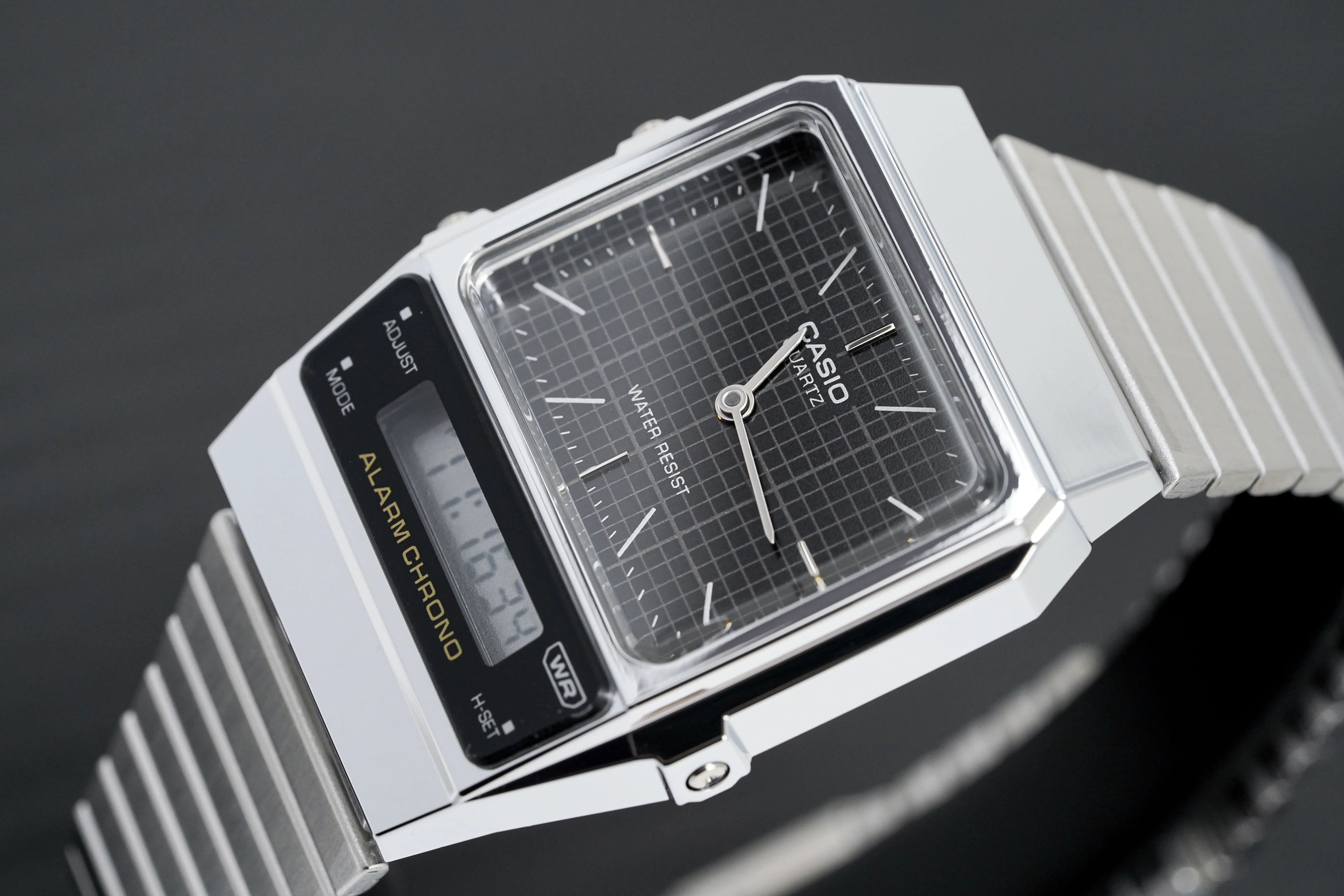 Casio Watch Vintage Dual Time Black Steel Flat Link AQ-800E-1ADF