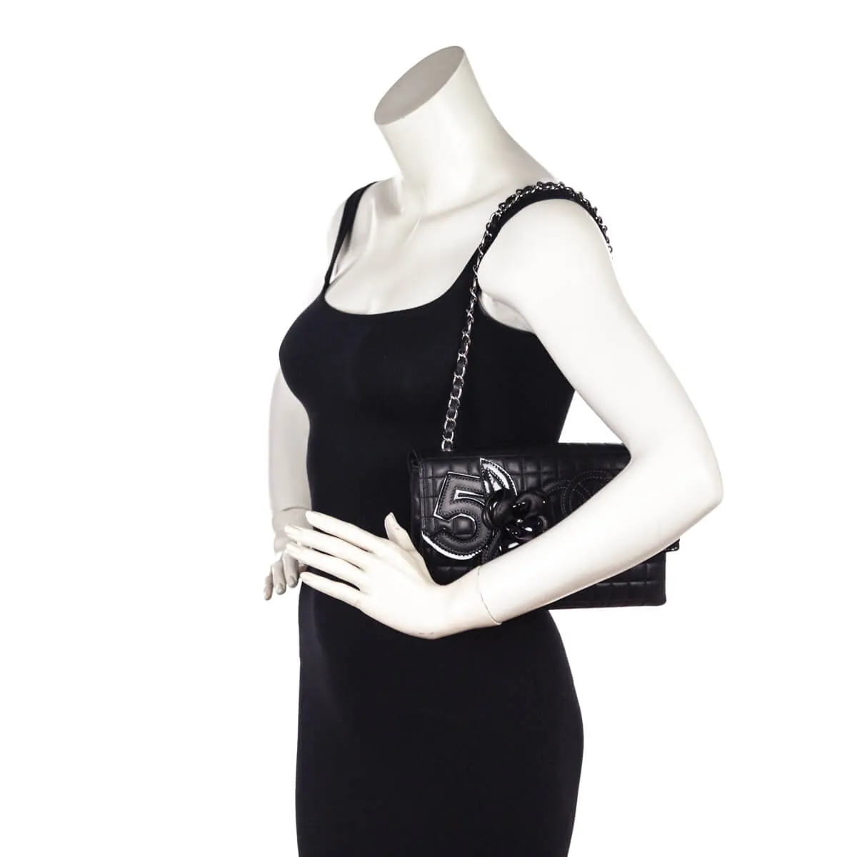 Chanel Black Quilted Lambskin Chocolate Bar Camellia No. 5 Pochette