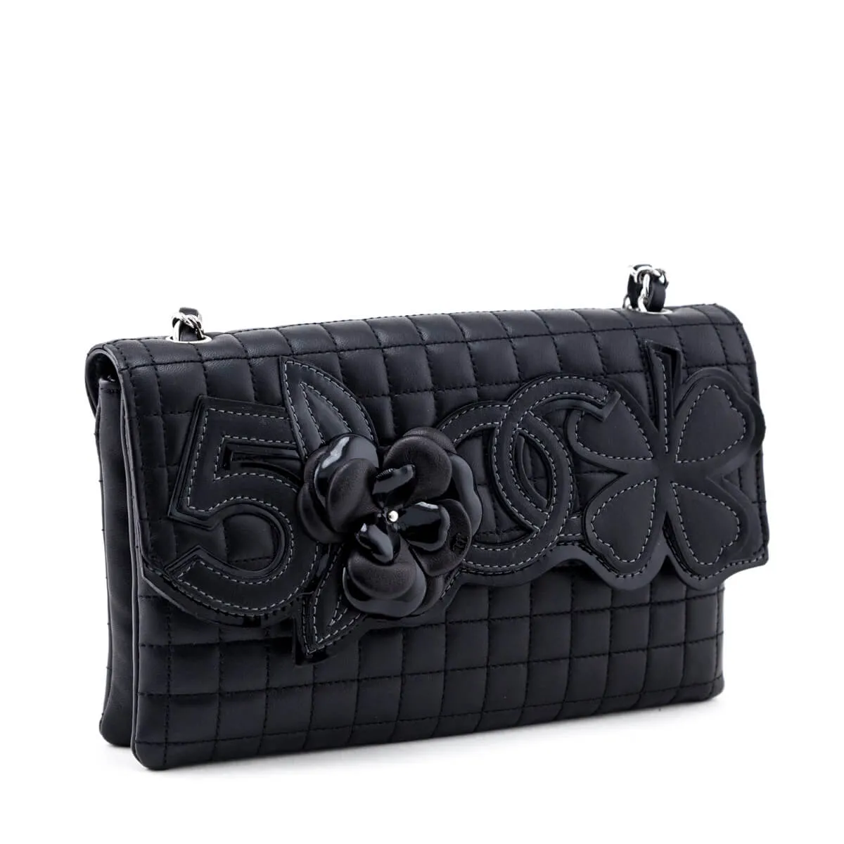 Chanel Black Quilted Lambskin Chocolate Bar Camellia No. 5 Pochette