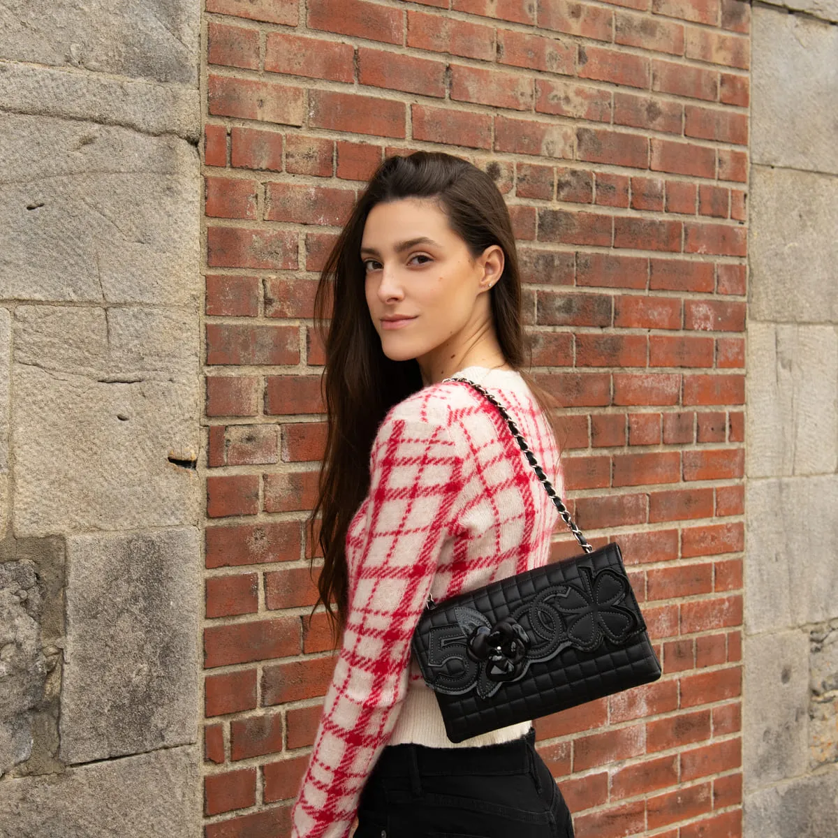 Chanel Black Quilted Lambskin Chocolate Bar Camellia No. 5 Pochette