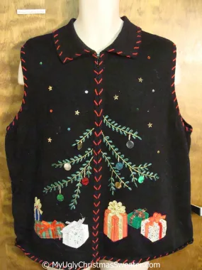 Cheap Black Christmas Sweater Vest with Tree and Gifts