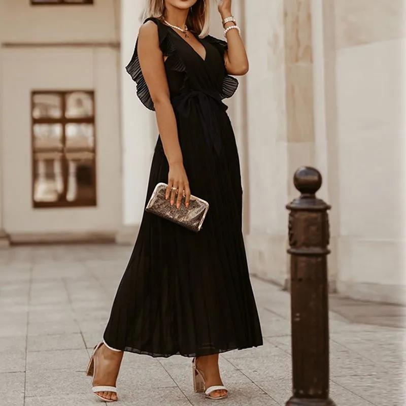 Classic Flutter Ruffle Sleeve Pleated Chiffon Maxi Occasion Dress