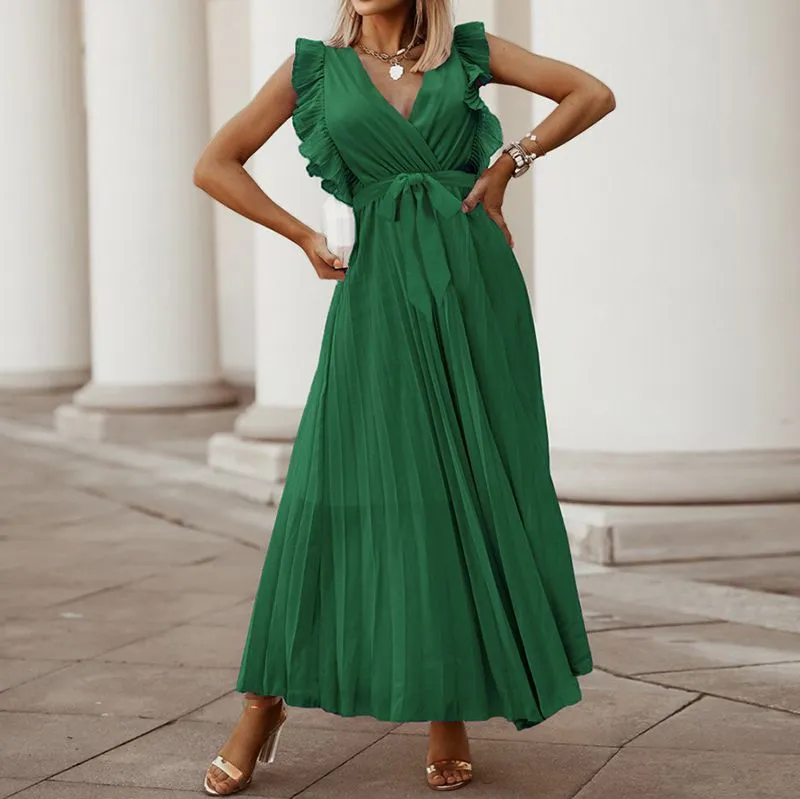 Classic Flutter Ruffle Sleeve Pleated Chiffon Maxi Occasion Dress