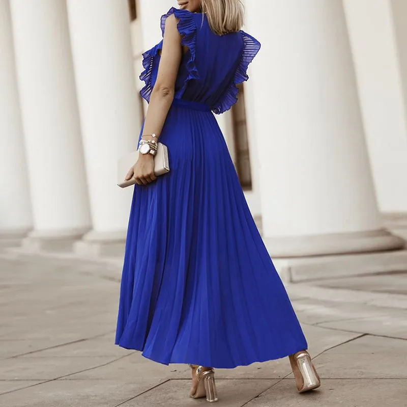 Classic Flutter Ruffle Sleeve Pleated Chiffon Maxi Occasion Dress