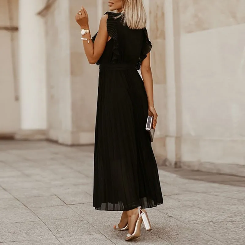 Classic Flutter Ruffle Sleeve Pleated Chiffon Maxi Occasion Dress