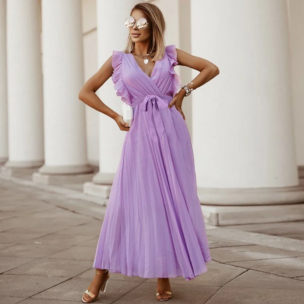 Classic Flutter Ruffle Sleeve Pleated Chiffon Maxi Occasion Dress