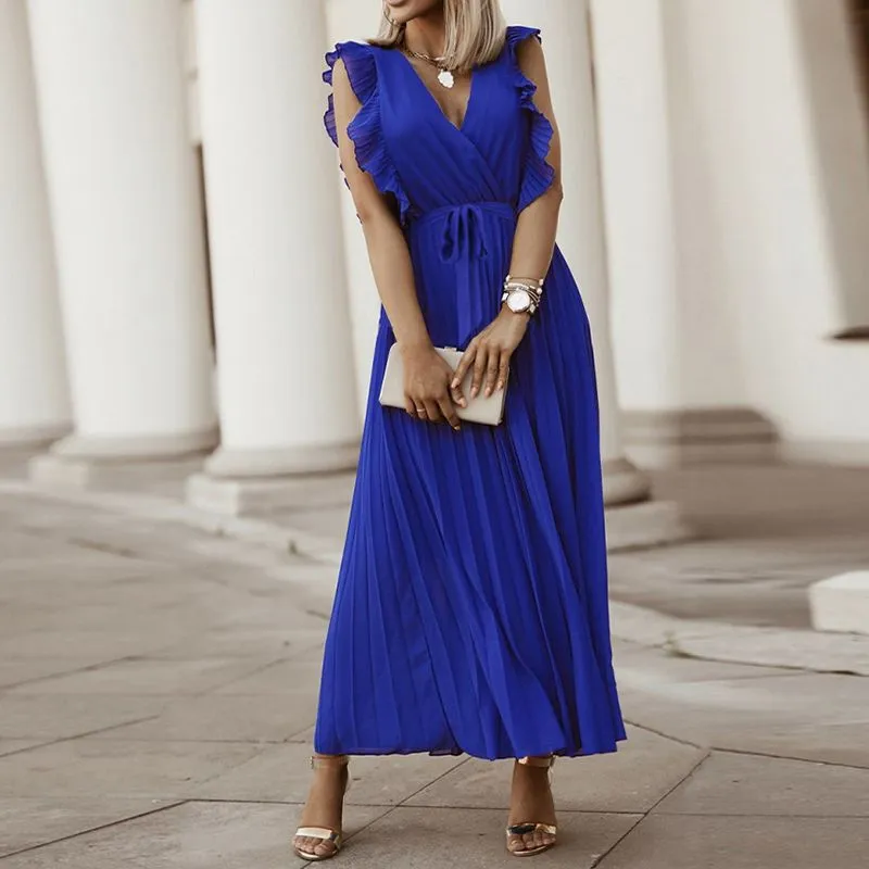 Classic Flutter Ruffle Sleeve Pleated Chiffon Maxi Occasion Dress