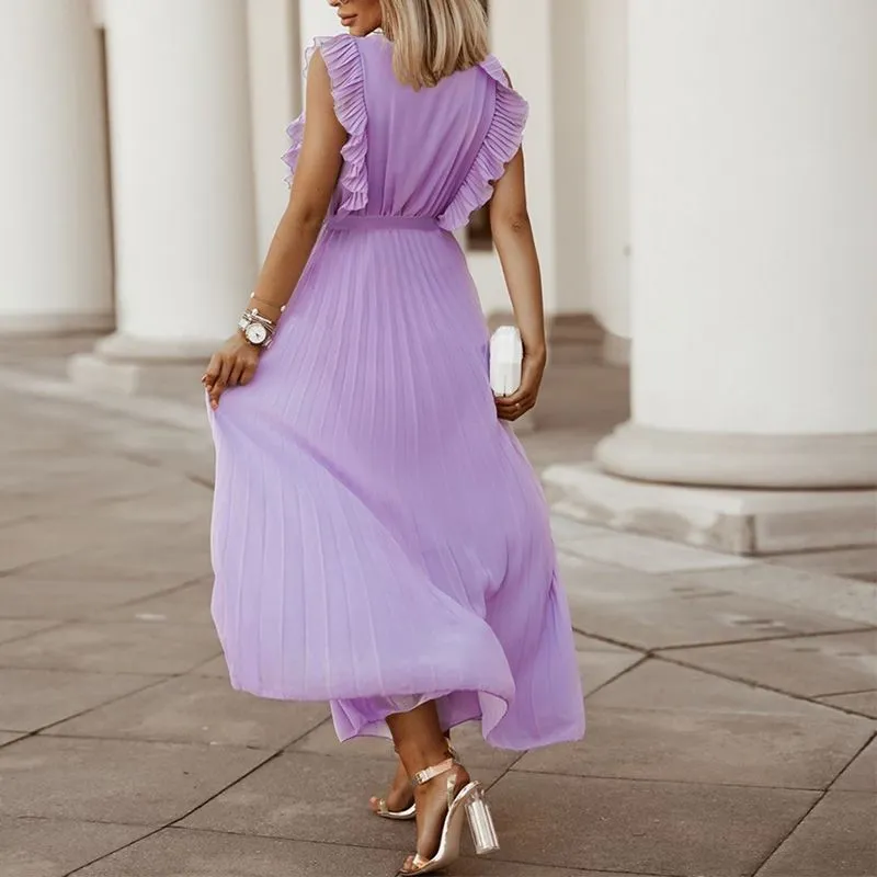 Classic Flutter Ruffle Sleeve Pleated Chiffon Maxi Occasion Dress