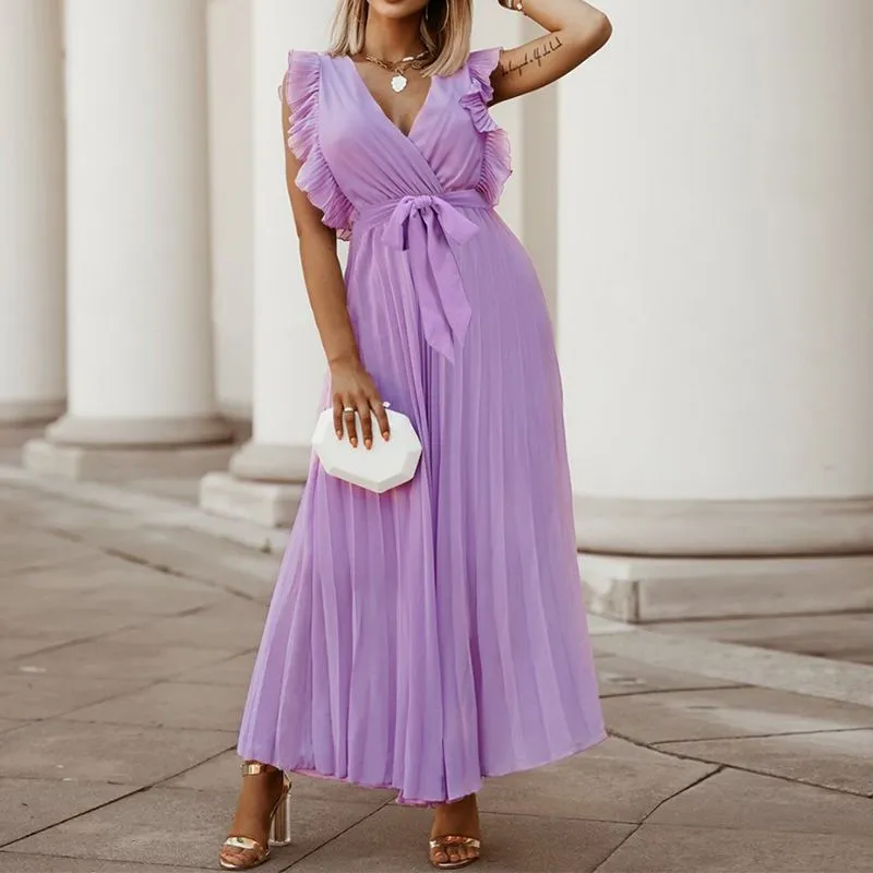 Classic Flutter Ruffle Sleeve Pleated Chiffon Maxi Occasion Dress