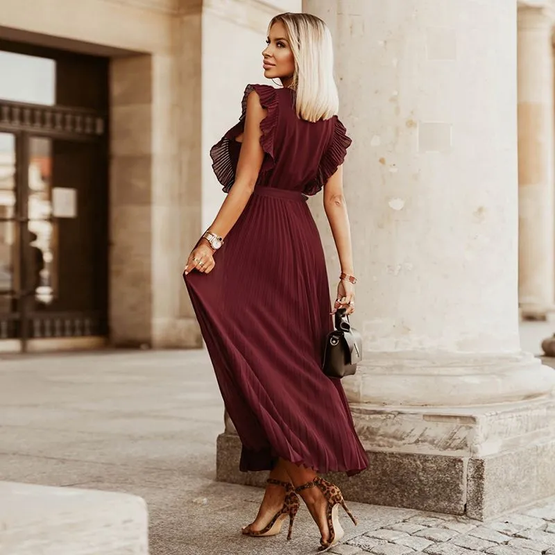 Classic Flutter Ruffle Sleeve Pleated Chiffon Maxi Occasion Dress