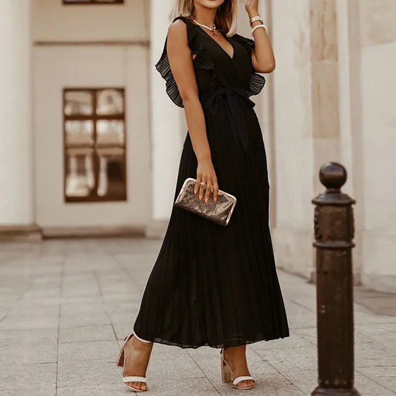 Classic Flutter Ruffle Sleeve Pleated Chiffon Maxi Occasion Dress
