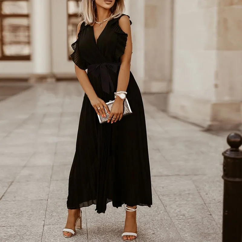 Classic Flutter Ruffle Sleeve Pleated Chiffon Maxi Occasion Dress