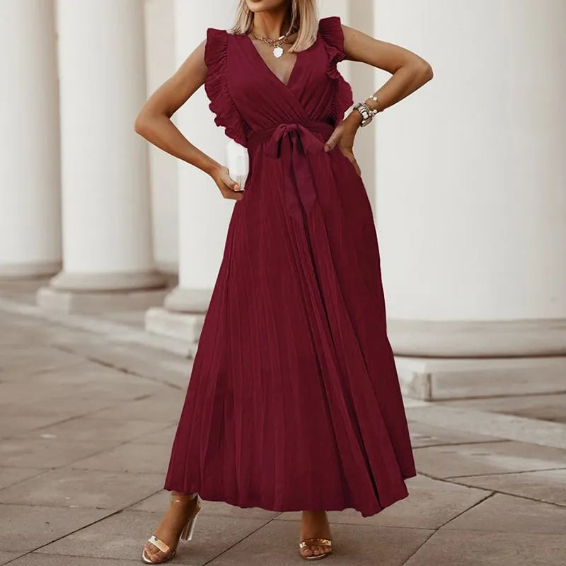 Classic Flutter Ruffle Sleeve Pleated Chiffon Maxi Occasion Dress