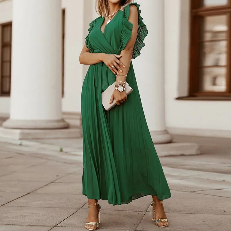 Classic Flutter Ruffle Sleeve Pleated Chiffon Maxi Occasion Dress