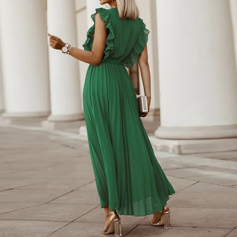 Classic Flutter Ruffle Sleeve Pleated Chiffon Maxi Occasion Dress